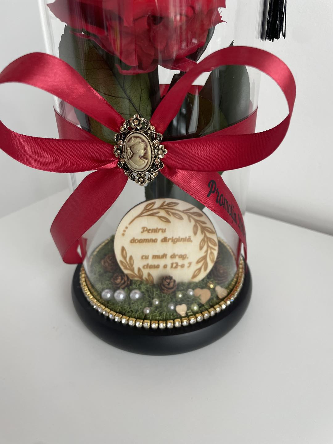 Cupolă de sticlă cu trandafir criogenat roșu antique ruby {dirigintă}