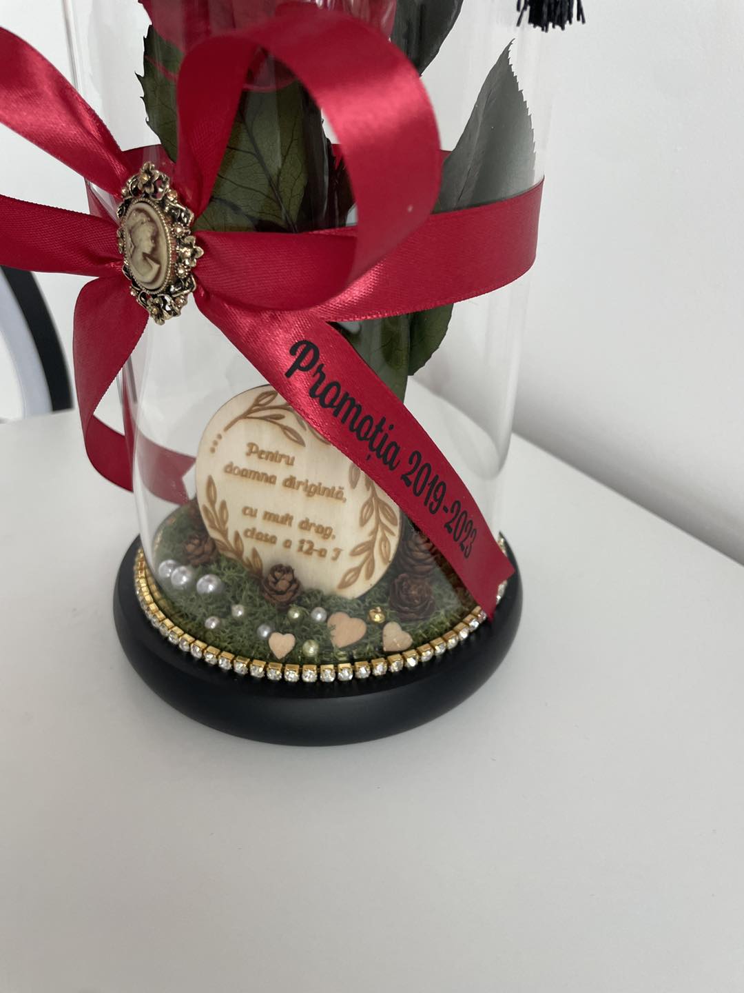 Cupolă de sticlă cu trandafir criogenat roșu antique ruby {dirigintă}