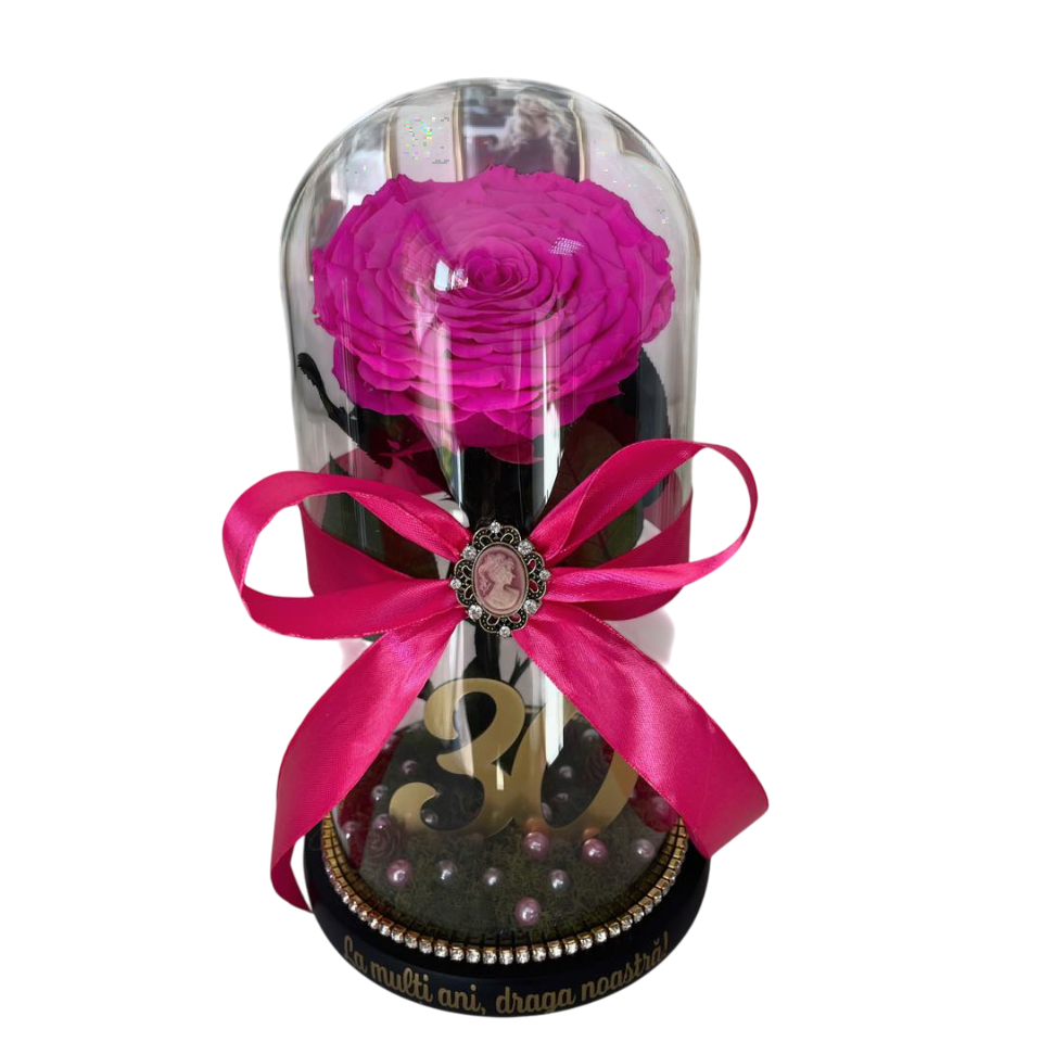 Cupolă de sticlă cu trandafir criogenat roz fuchsia