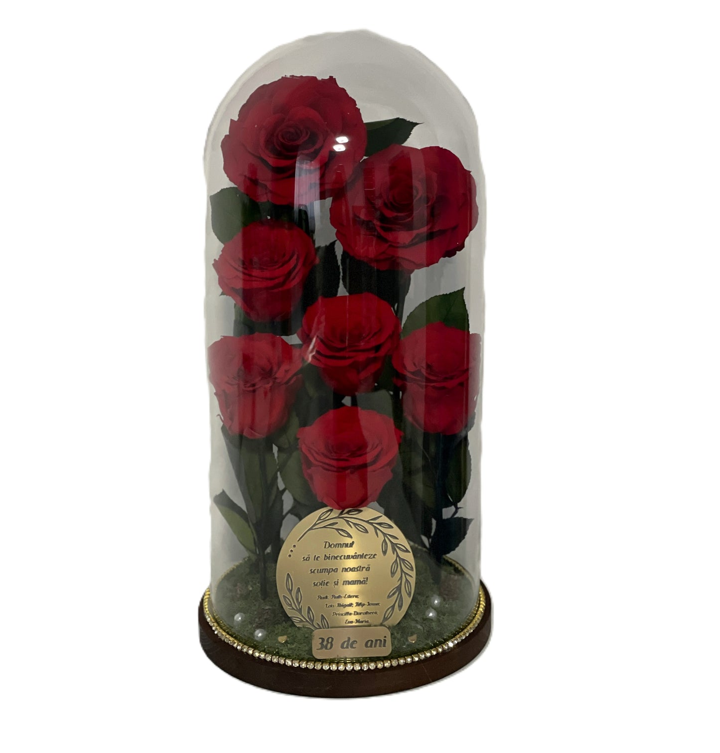 Cupolă de sticlă cu șapte trandafir criogenat roșu antique ruby