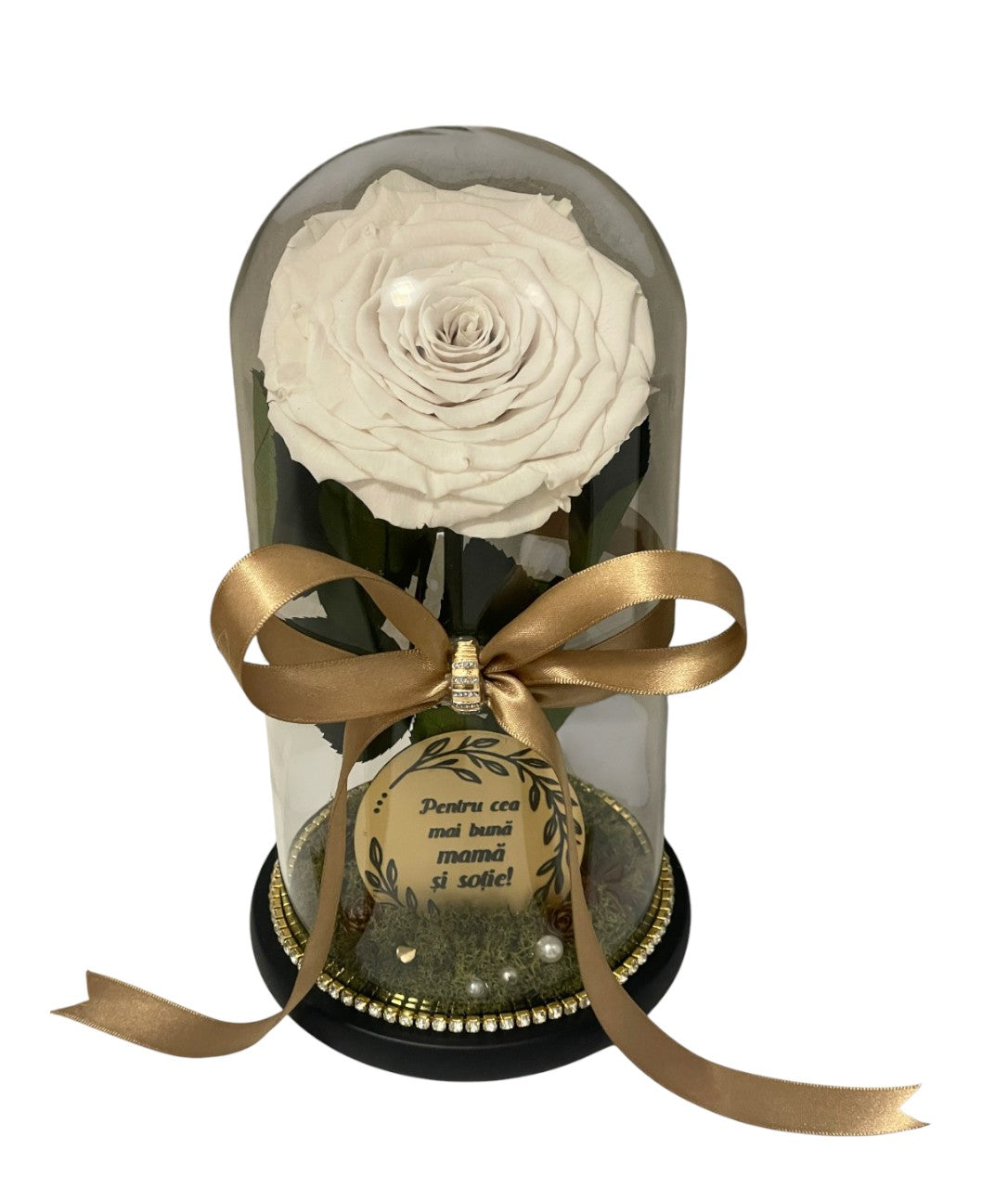 Cupolă de sticlă cu trandafir criogenat alb antique white