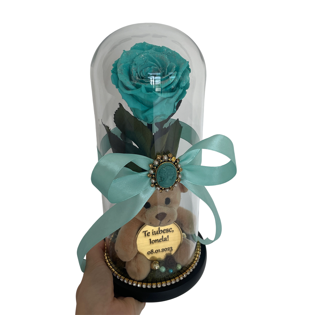 Cupolă de sticlă cu trandafir criogenat turquoise sparkle