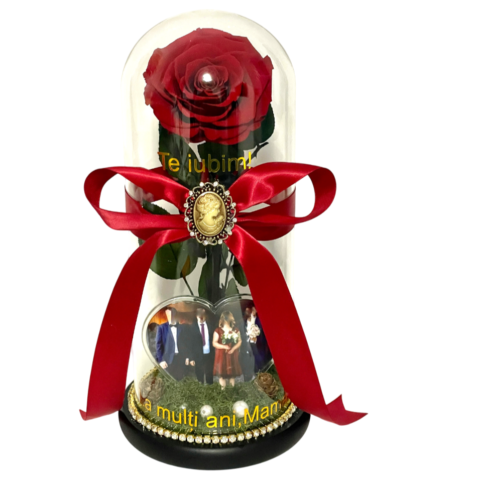 Cupolă de sticlă cu trandafir criogenat roșu antique ruby