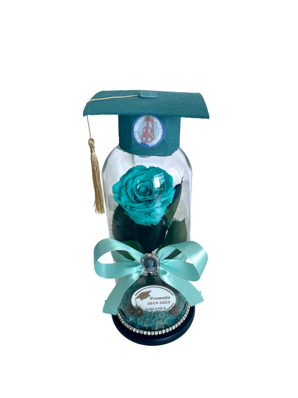 Cupolă de sticlă cu trandafir criogenat albastru turquoise