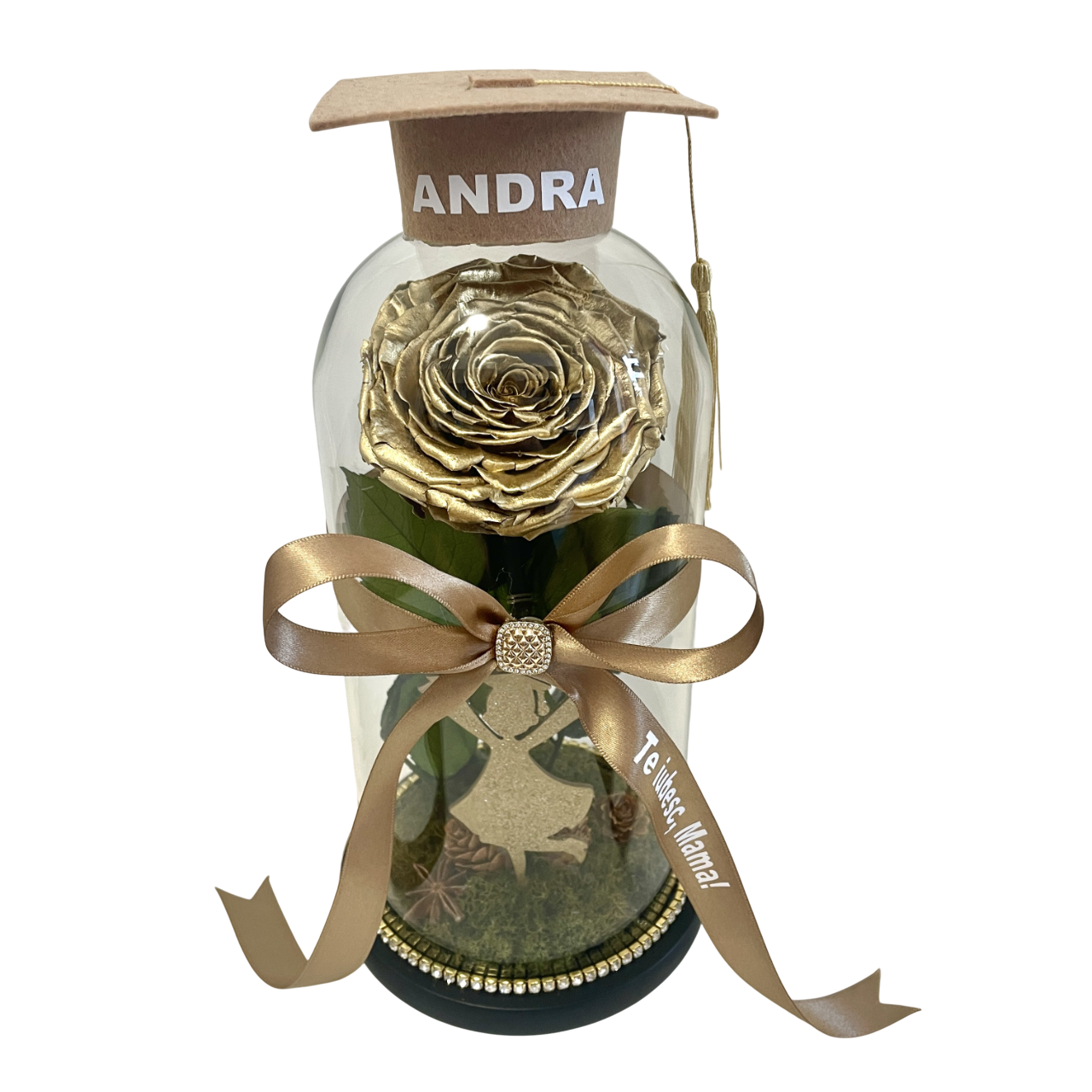 Cupolă de sticlă cu trandafir criogenat gold