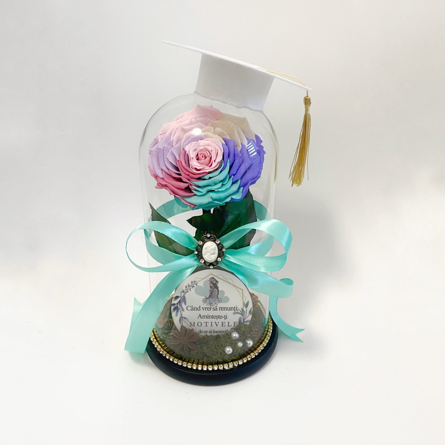 Cupolă de sticlă cu trandafir criogenat multicolor pastel