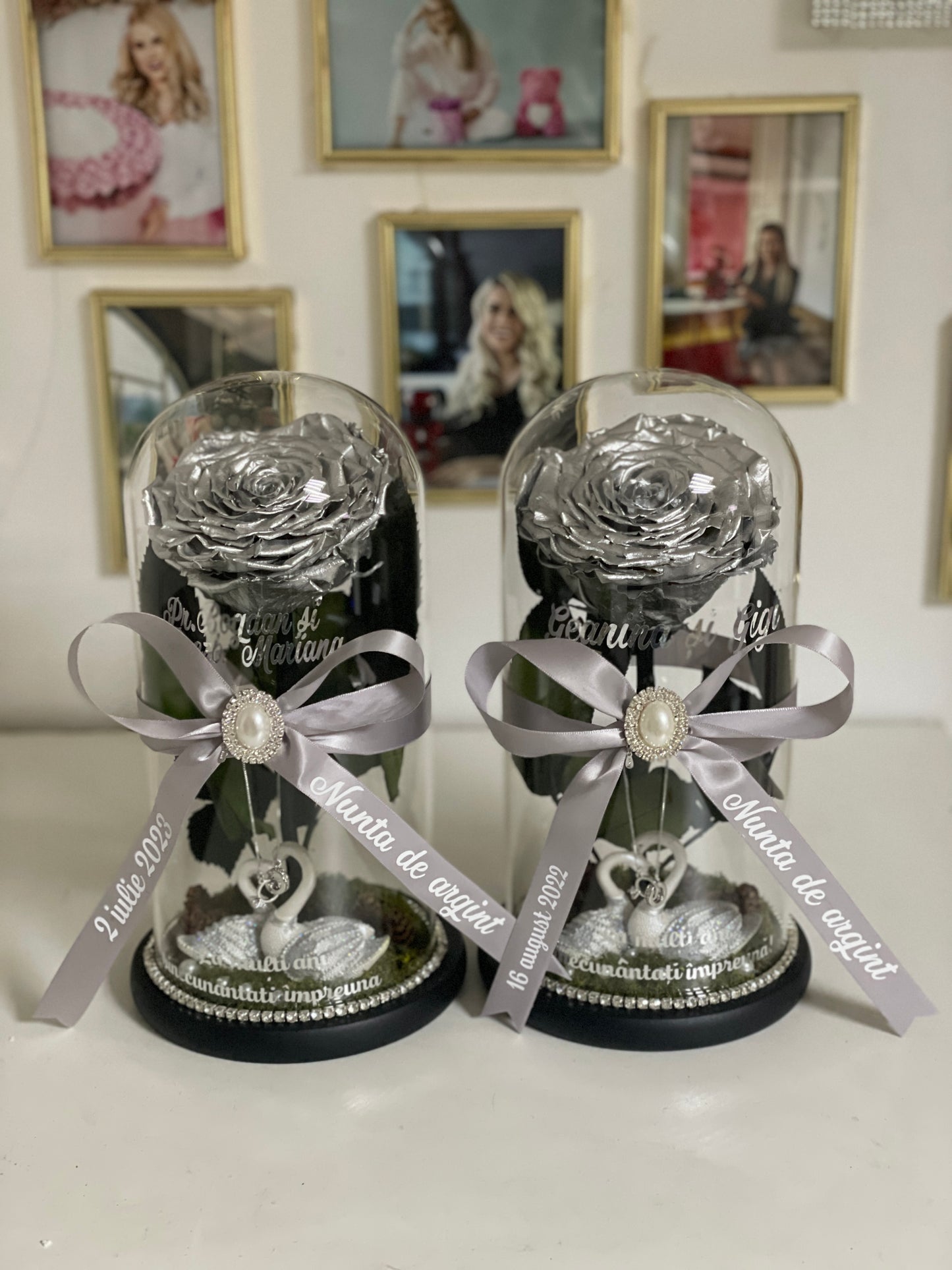 Set 2 cupolă de sticlă cu trandafir criogenat argintiu silver