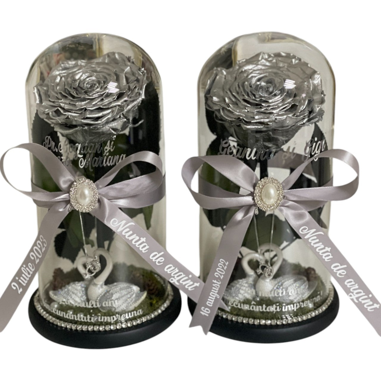 Set 2 cupolă de sticlă cu trandafir criogenat argintiu silver