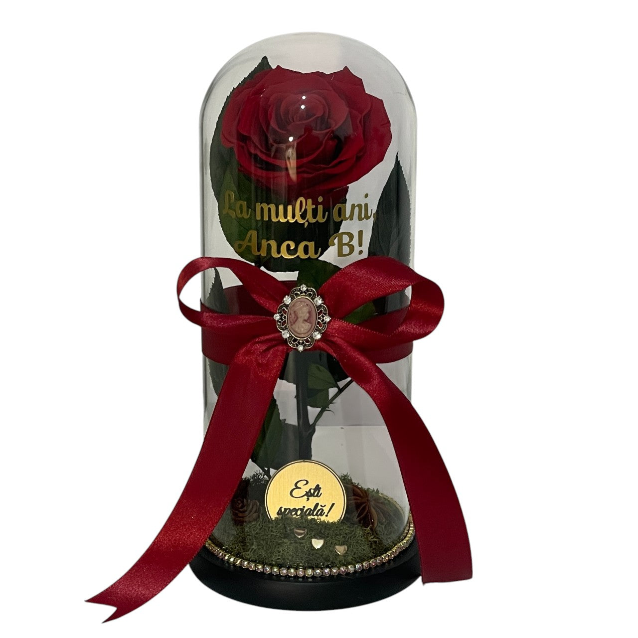 Cupolă de sticlă cu trandafir criogenat roșu antique ruby
