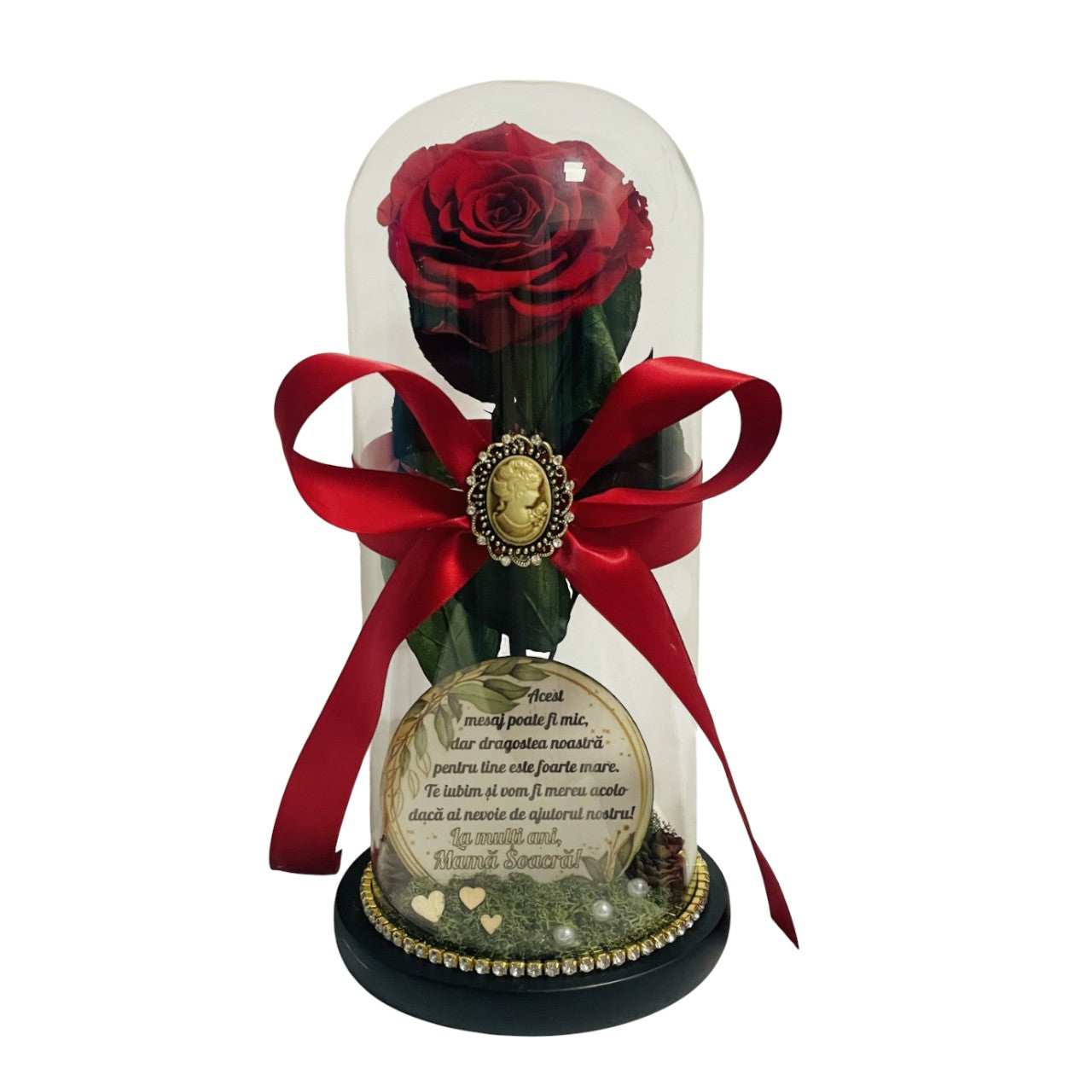 Cupolă de sticlă cu trandafir criogenat roșu antique ruby (mamă-soacră)
