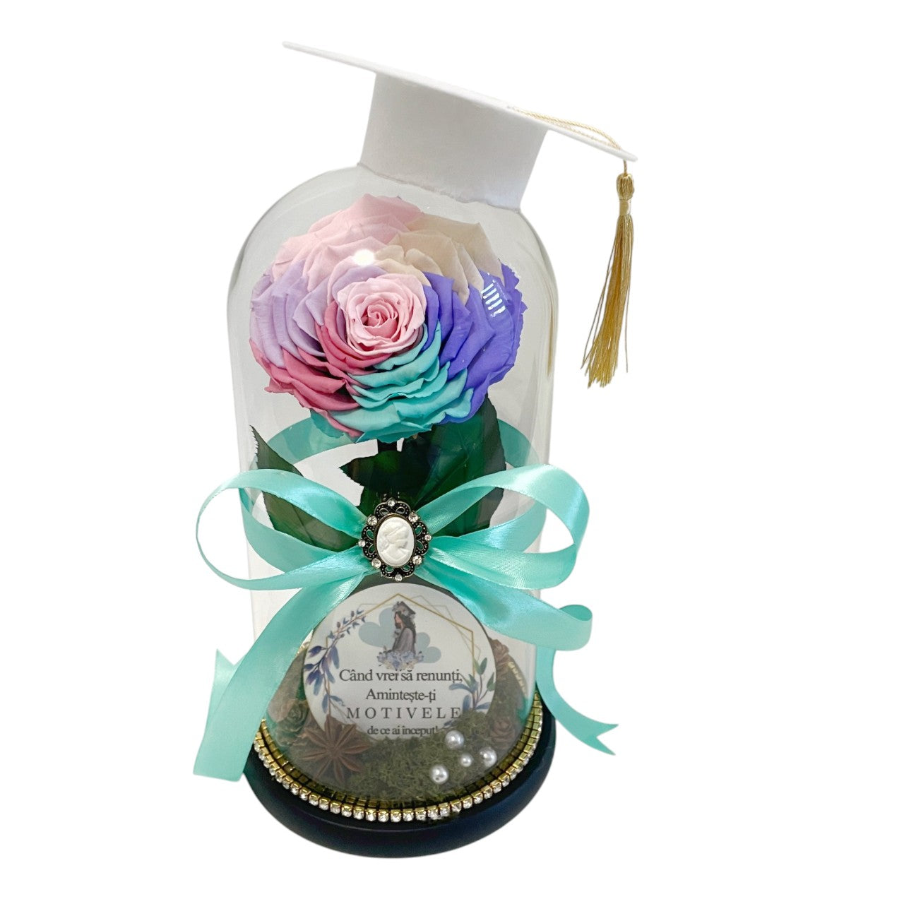 Cupolă de sticlă cu trandafir criogenat multicolor pastel