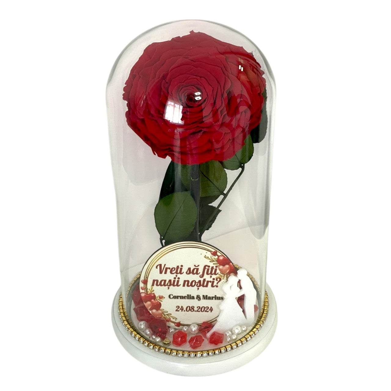 Cupolă de sticlă maxi cu trandafir criogenat roșu antique ruby (Cerere De Nași)