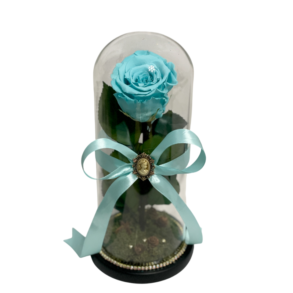 Cupolă de sticlă cu trandafir criogenat albastru turquoise