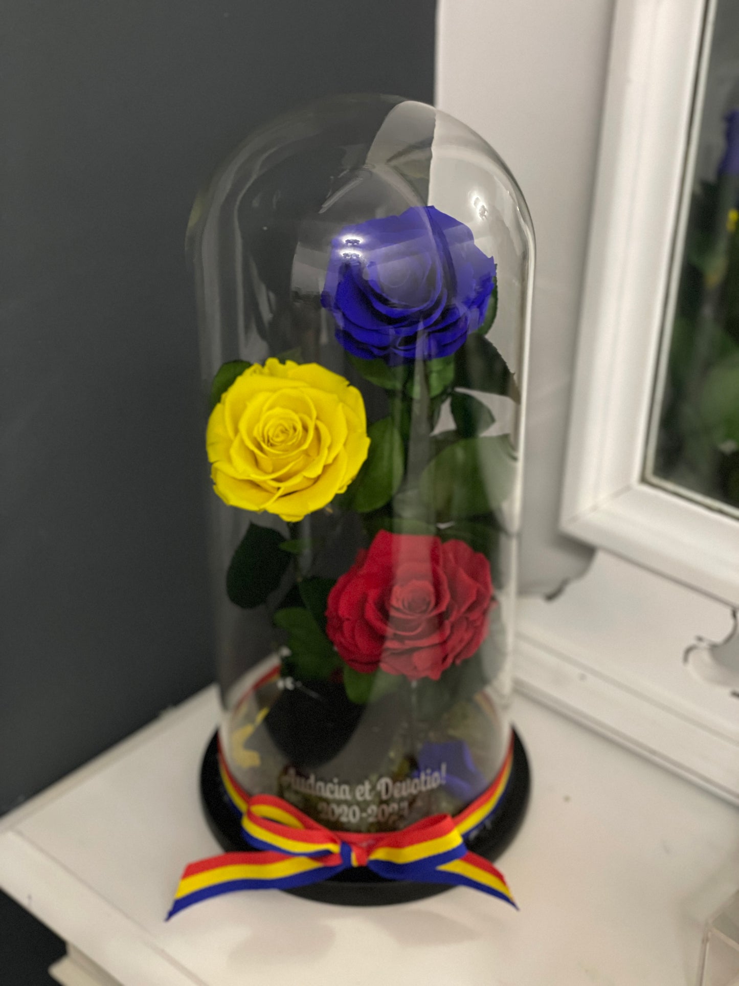 Cupolă de sticlă cu trei trandafiri criogenati tricolor