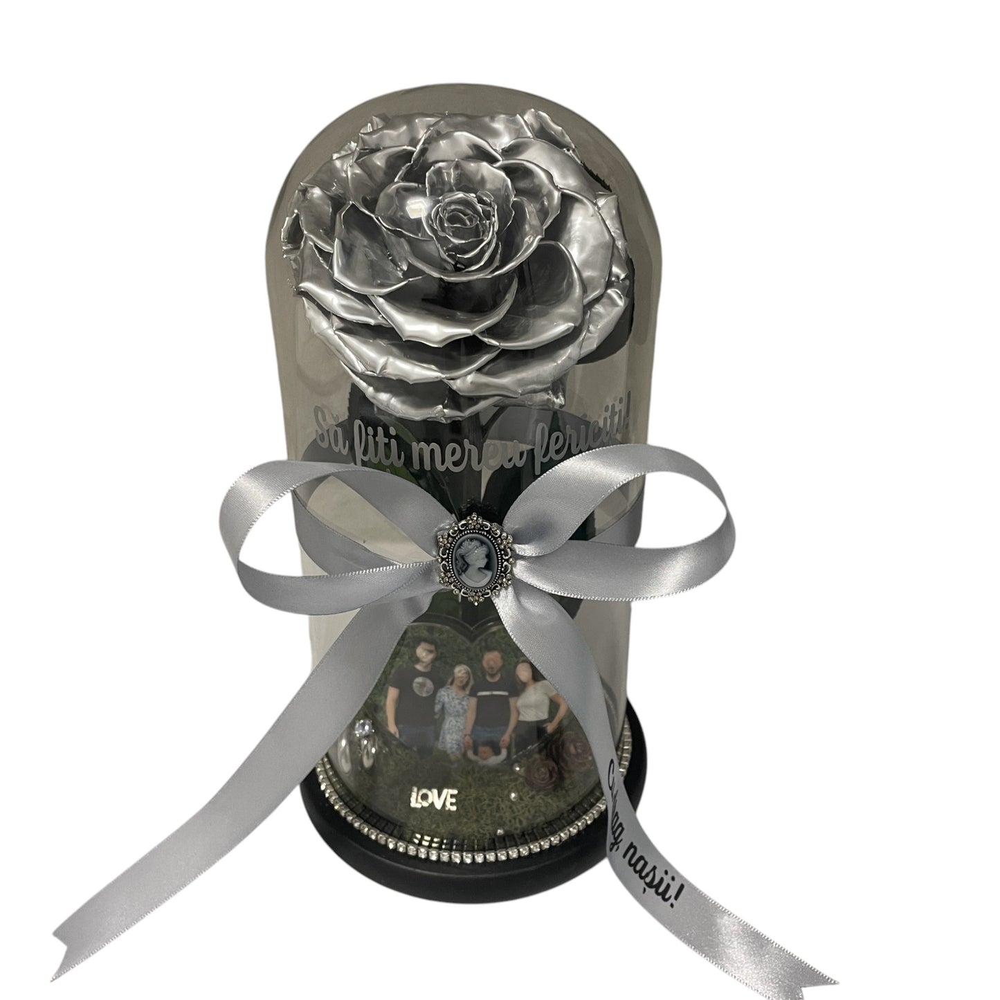 Cupolă de sticlă cu trandafir criogenat argintiu silver