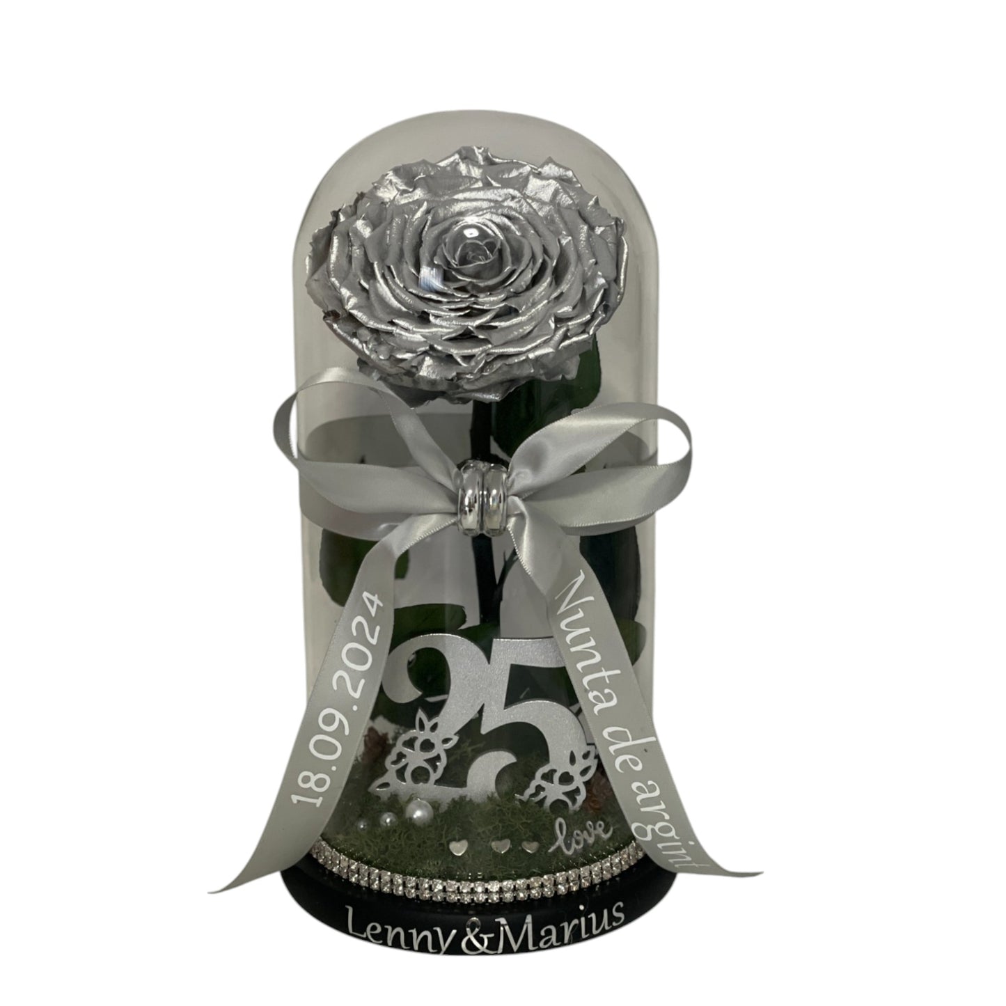 Cupolă de sticlă cu trandafir criogenat argintiu silver