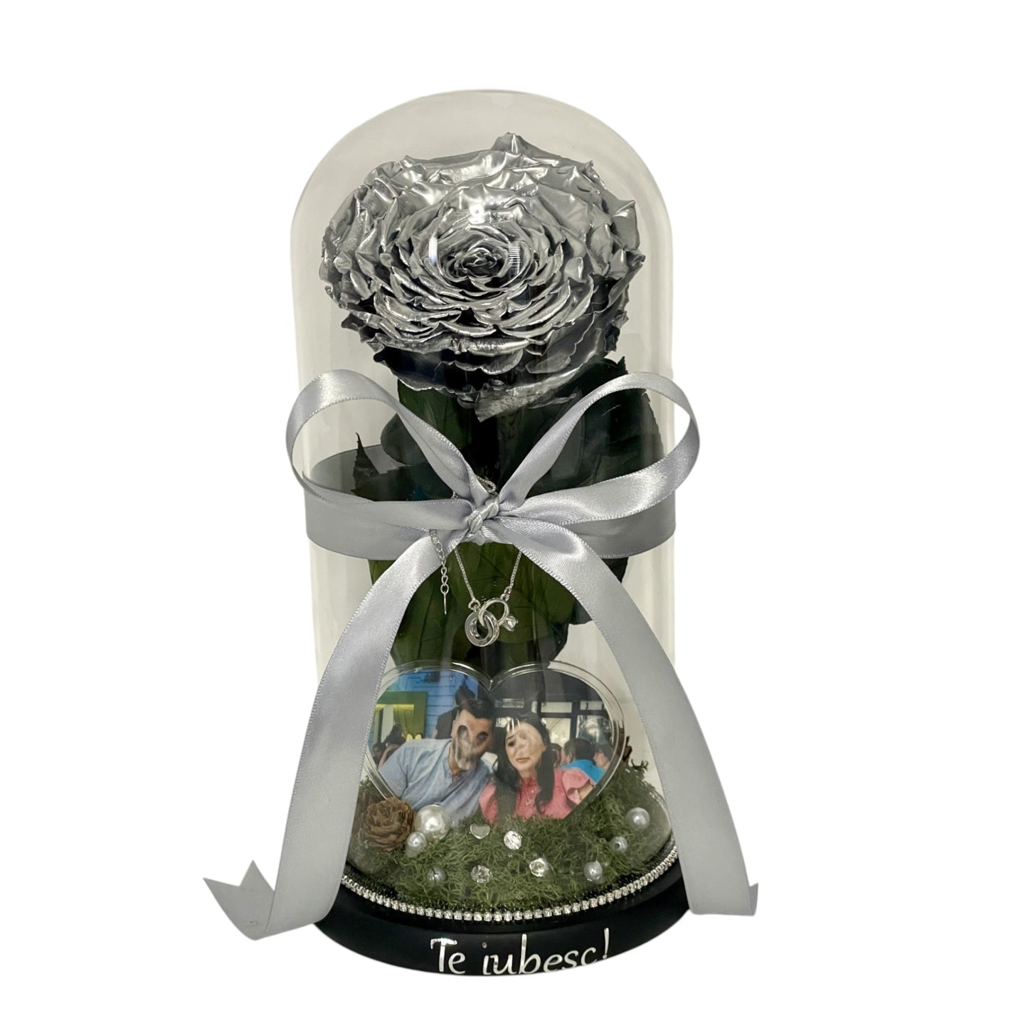 Cupolă de sticlă cu trandafir criogenat argintiu silver
