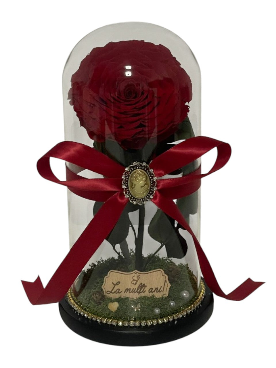 Cupolă de sticlă cu trandafir criogenat roșu antique ruby - La multi ani
