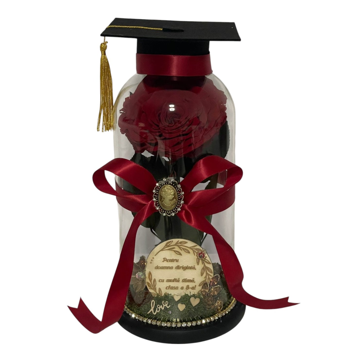 Cupolă de sticlă cu trandafir criogenat antique ruby pentru dirigint