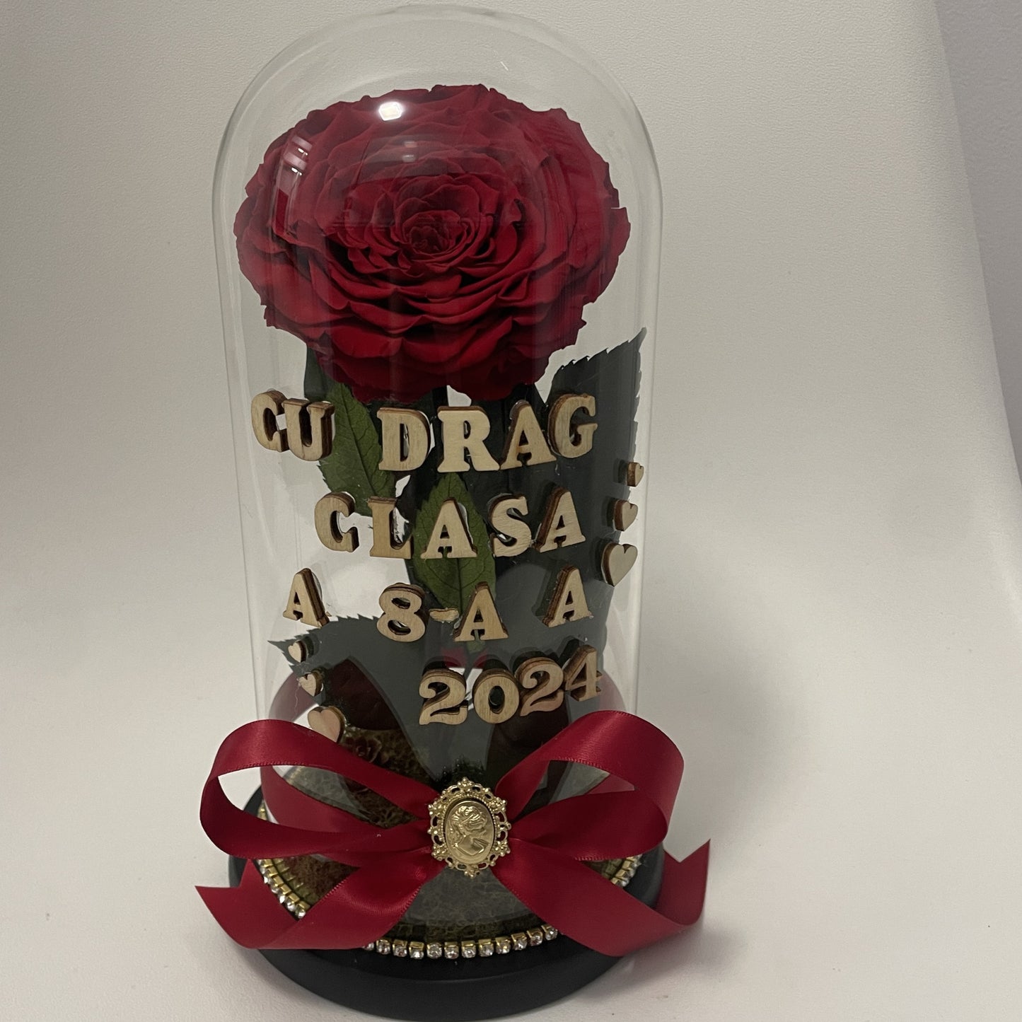 Cupolă de sticlă cu trandafir criogenat roșu antique ruby {dirigintă}