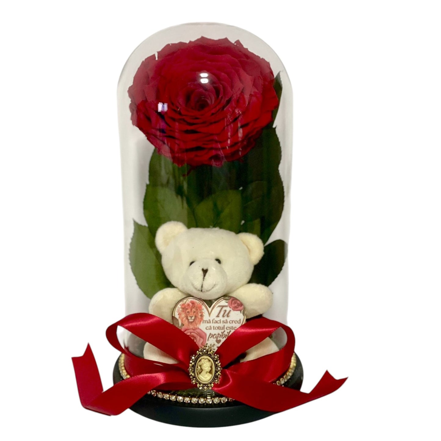 Cupolă de sticlă cu trandafir criogenat roșu antique ruby cu ursulet