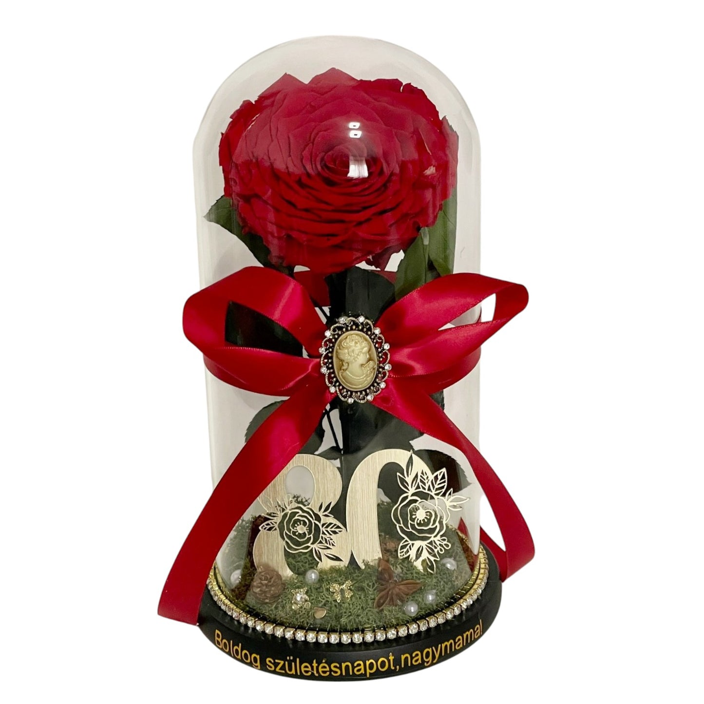 Cupolă de sticlă cu trandafir criogenat roșu antique ruby cifra 80